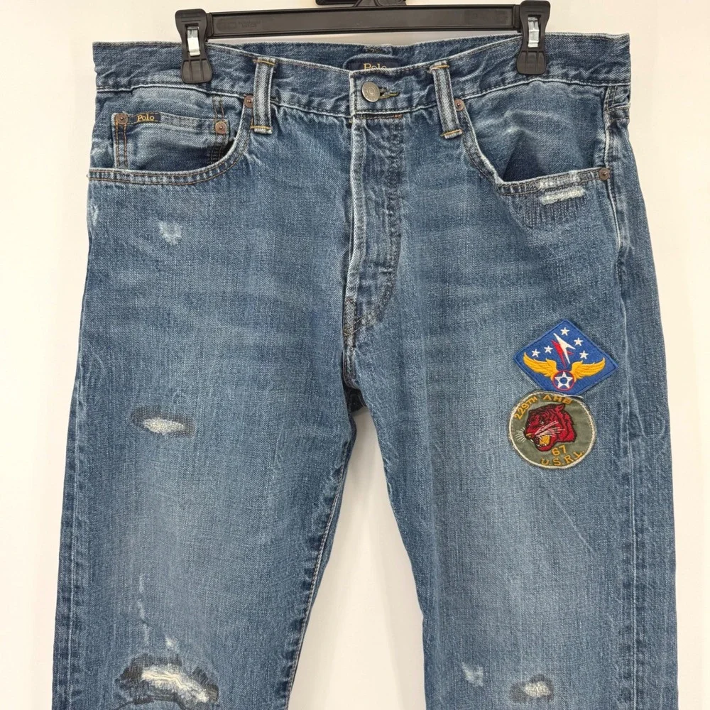 Polo Ralph Lauren Jeans Mens 34 Blue Classic Fit Distressed Military Patches